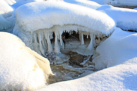 冬季河水流孤独冰柱天空雪景木头单人场地冷冻纸牌流动图片