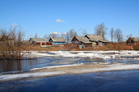 河上冰雪的驱动力太阳寒冷蓝色乡村风景房子海岸场景城市建筑图片
