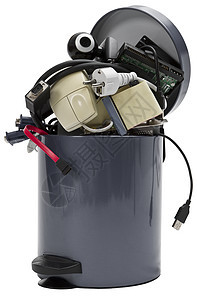 含有电子废物的垃圾回收桶电子产品相机老鼠磁盘电脑绳索电缆垃圾箱技术硬盘图片