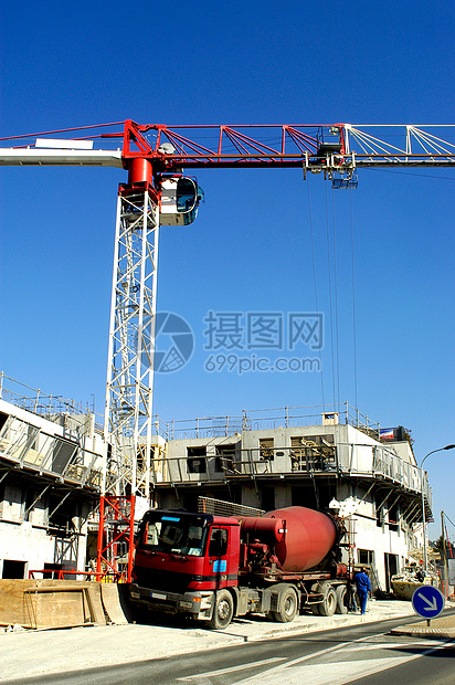 市区建筑工地机器蓝领程序住宅工人蓝色街道天空司机城市图片