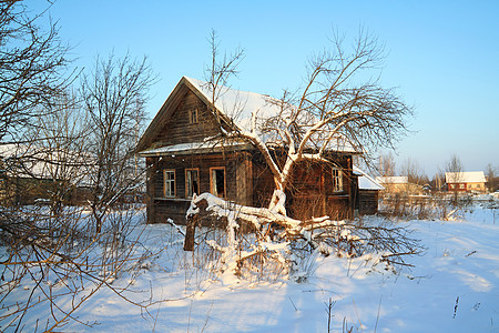 雪中老旧农村家庭日志窗户危机房子树木谷仓农家窝棚建筑国家图片