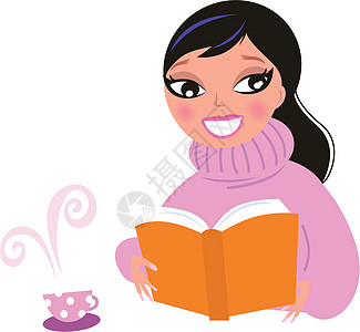 可爱的女人穿着温暖的拖拉机 在看书时喝咖啡图片