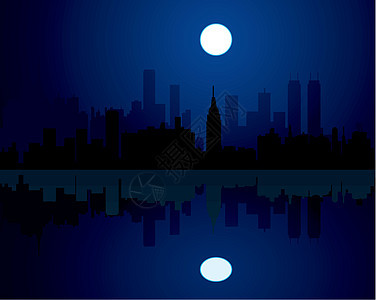 夜间的城市白色天际插图绘画商业反射蓝色摩天大楼月亮房屋图片