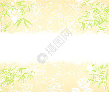 Grungy 背景 带竹枝的旧纸竹子文化古董树叶模仿生活插图边缘框架帆布图片
