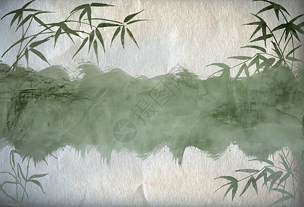 Grungy 背景 带竹枝的旧纸羊皮纸古董插图森林竹子夹子绘画艺术生活树叶图片