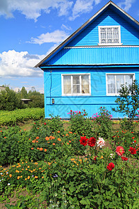 农村木制建筑附近的鲜花图片