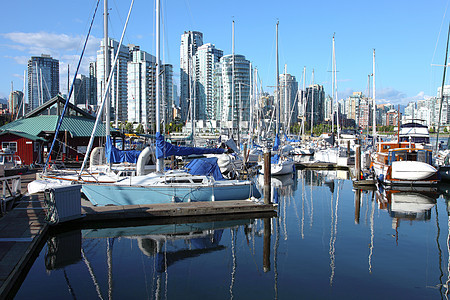 温哥华不列颠哥伦比亚市中心的天际线高楼奢华绳索木杆景观摩天大楼风帆旅行桅杆城市化图片