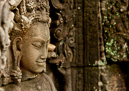 圣殿里有笑脸石头高棉语考古学纪念碑宗教历史旅游艺术雕塑建筑学图片