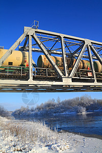 穿越小河的铁路桥机车碎石旅行天空螺栓领带速度火车过境小路图片