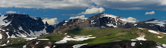 美国怀俄明/蒙塔纳边境荒野区高山地夏季全景图片