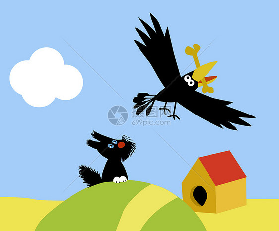 小狗和乌鸦的矢量插图图片