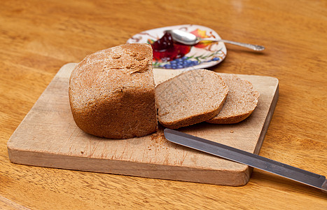 切小麦面包和果酱营养粮食糖类棕色白色美食勺子工作室饮食木板图片