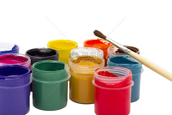 色彩多彩的牙膏油漆和刷刷艺术绘画染料画笔紫色调色板爱好画家刷子艺术家图片
