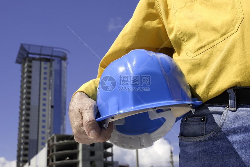 正在施工中班级安全帽衣服建筑师承包商手臂蓝色黄色职业联盟图片