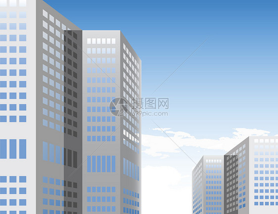 现代建筑调子摩天大楼玻璃线条商业插图蓝色反射天空高科技图片