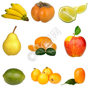 在白色背景中孤立的水果集柿子红色团体食物香蕉绿色黄色棕色水果橙子图片