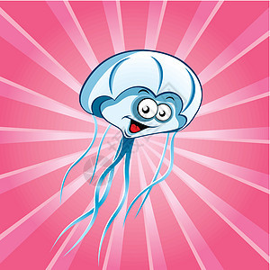 有趣的水母蓝色快乐海蜇漫画游泳荒野动物触手动物群乐趣图片