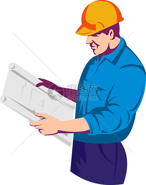 建筑工工工工程师 有建筑计划工业蓝图男性插图工人安全帽零售商男人民间图片
