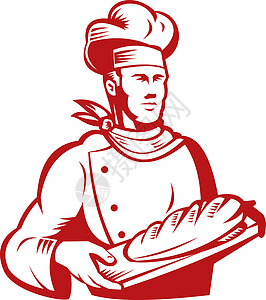 餐食面包师 手持面团面包插图男人工人男性帽子木刻托盘背景图片