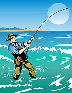 渔民冲浪铸造月亮男性铸件插图钓鱼男人支撑卷轴图片