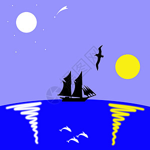 矢量绘图帆船草图中殿星星月亮航班绘画海鸥艺术品蓝色图片
