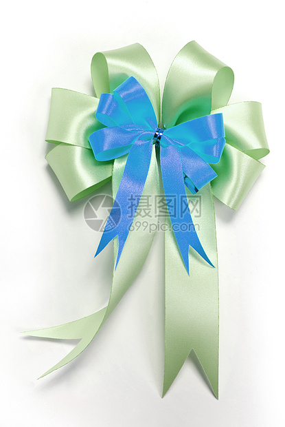 装饰礼品盒的漂亮的丝带弓展示绿色生日蓝色新年礼物丝带蝶结奉献手工图片