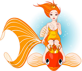 美人鱼骑在金鱼上皇冠尾巴红色动物金子女孩公主卡通片青少年规模图片