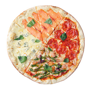 四季披萨午餐脆皮小吃圆形海鲜浇头部门白色面团香肠图片