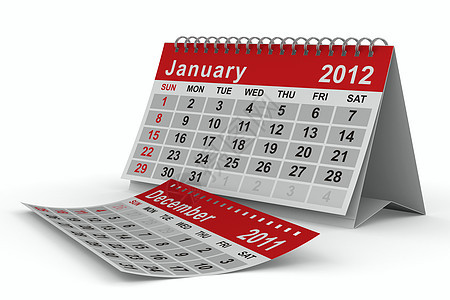2012年日历 1月 孤立的 3D 图像记事本笔记笔记本数字床单活页夹日记商业公告日程图片