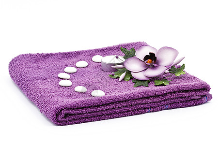 北海珍珠鲜花和毛巾疗法风格奢华装饰卫生岩石鹅卵石皮肤温泉浴室背景