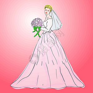 穿着婚纱的新娘白衣 带花束插图庆典购物礼物裙子奢华妻子已婚女性仪式图片
