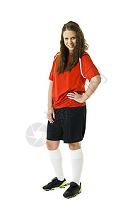 女足球员青少年足球鞋棕色享受服装红色运动员职业微笑衬衫图片