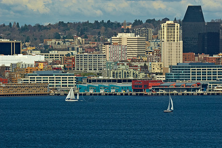西雅图天线航行商业景观海岸蓝色摩天大楼办公室市中心城市天际图片