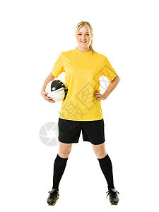 女足球员白色衣服短裤影棚成人微笑足球鞋衬衫足球竞技图片