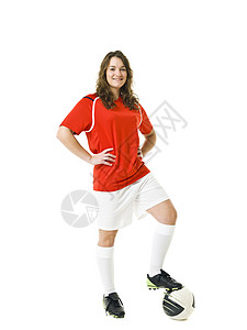 女足球员竞赛衬衫快乐短裤头发女性青少年运动员青春期微笑图片