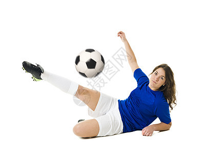 女足球员白色短裤竞赛女性青春期棕色足球鞋竞技体育微笑图片