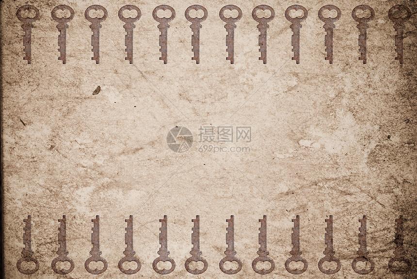 旧纸页背景的锈键古董财产房子钥匙安全金属棕色工具木板材料图片