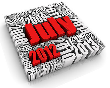 2012年7月日历文字红色日期白色3d一个字形状背景图片