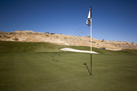 高尔夫球场有绿草和清蓝的天空画幅运动场课程栽培草地环境蓝色阳光纹理园景图片