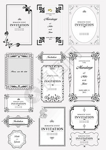 一组带有样本文本的矢量框和装饰品证书订婚凸版边界漩涡婚礼时代滚动皇家新娘图片