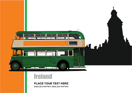 绿色公交车古旧插图车辆公共汽车乡愁橙子怀旧建筑工作运输白色城堡图片