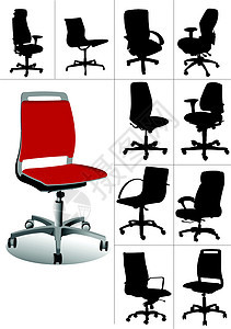 白色背壁上孤立的办公椅子显示大设置插图黑色电脑座位办公室阴影草图家具商业图片