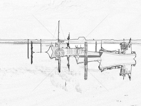 数字艺术的神奇反射 小渡艇漂浮海洋运输海岸线钓鱼港口木头海滩血管多莉图片