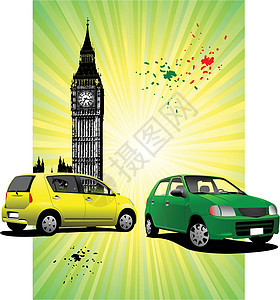 配有两部汽车图像的伦敦海报背景图片