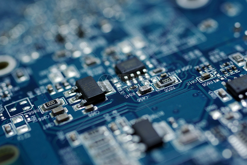 蓝色PC电路板的近照卡片金属力量宏观技术晶体管导体活力母亲电路图片