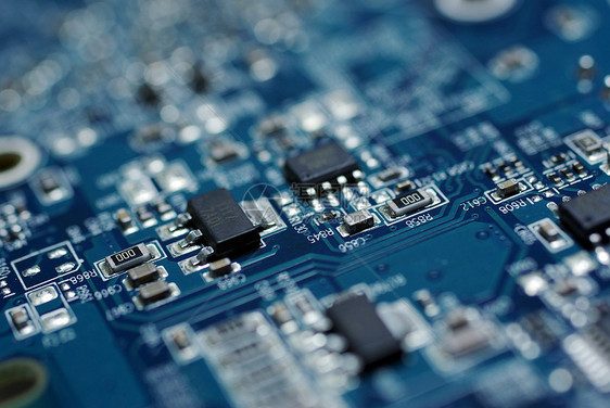 蓝色PC电路板的近照卡片金属力量宏观技术晶体管导体活力母亲电路图片