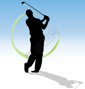 高尔夫球手的矢量轮廓 蓝色背景有绿色痕迹图片