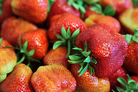 新鲜草莓作为背景或壁纸 有选择的重点茶点小吃种子果汁团体宏观叶子饮食早餐甜点图片