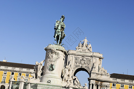 位于利斯本的奥古斯塔拱门白色街道蓝色地标商业历史胜利雕像雕塑旅游图片
