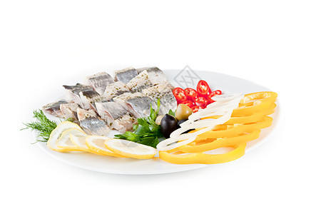 有蔬菜和橄榄的鱼海鲜油炸炙烤美食鱼片午餐牛扒香菜烧烤食物图片